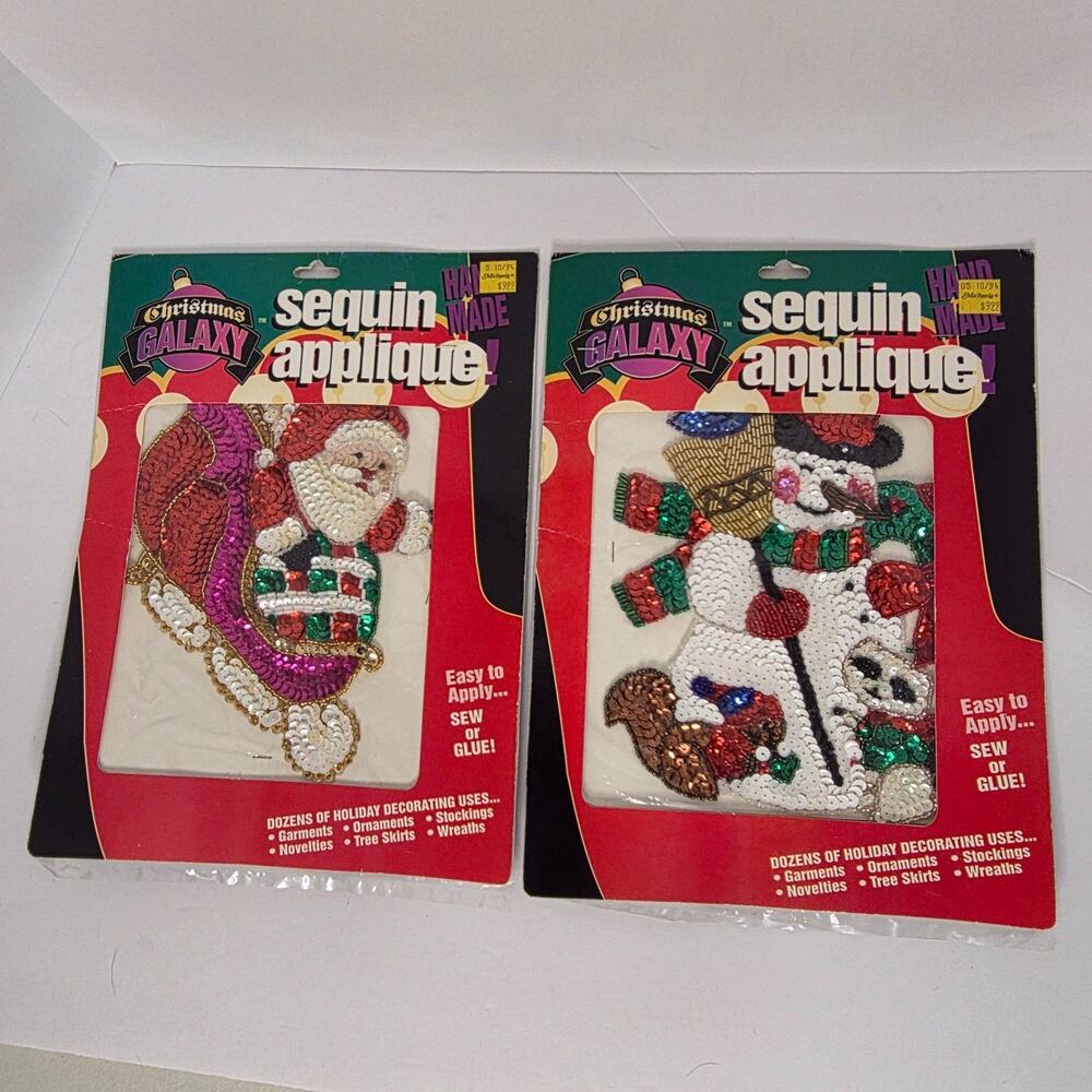 Vintage Christmas Galaxy Sequin Applique Lot of 2 Santa Snowman Holiday Patches